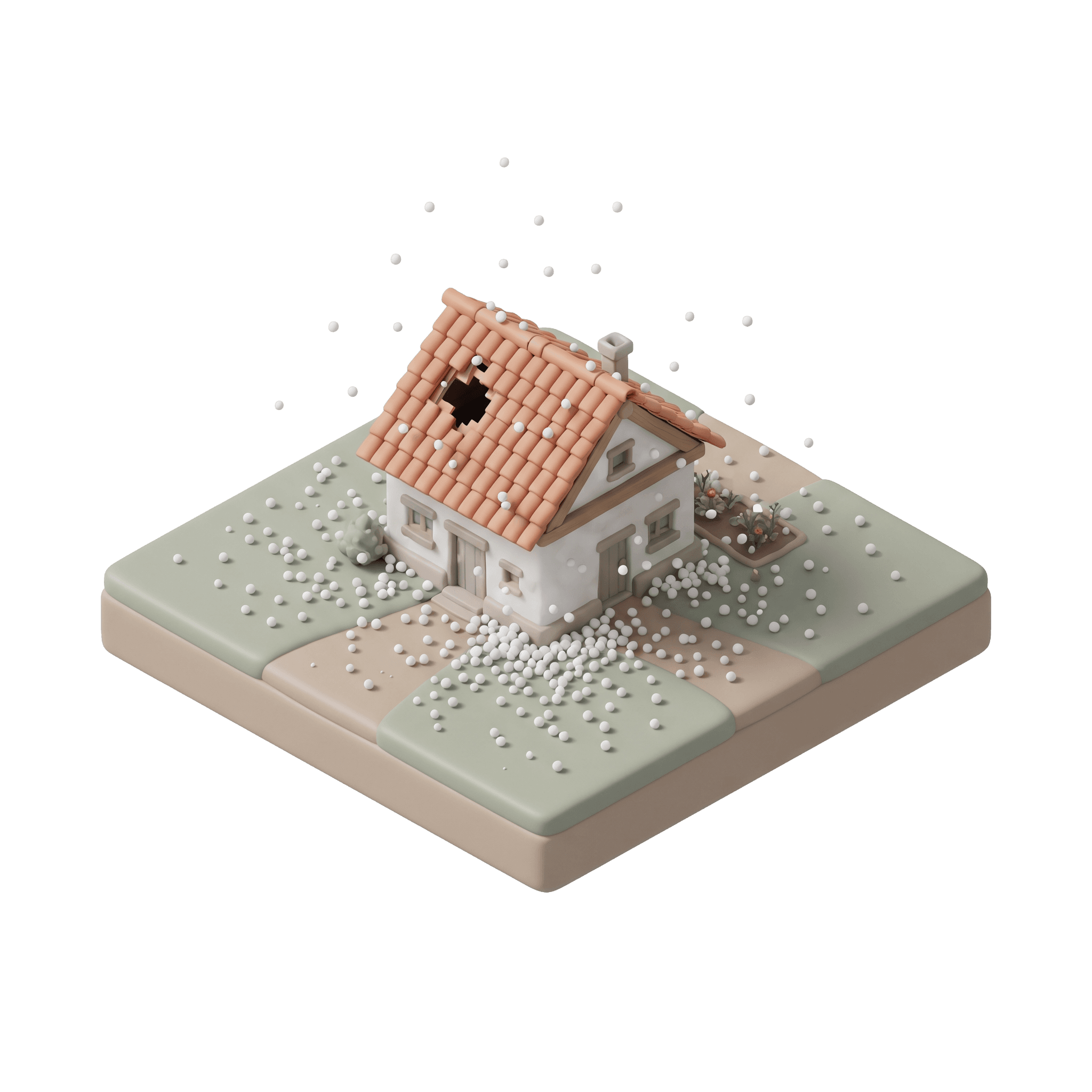 Maquete de uma casa de telhado cerâmico com um buraco aberto pelo granizo, pedras caindo e acumuladas no gramado