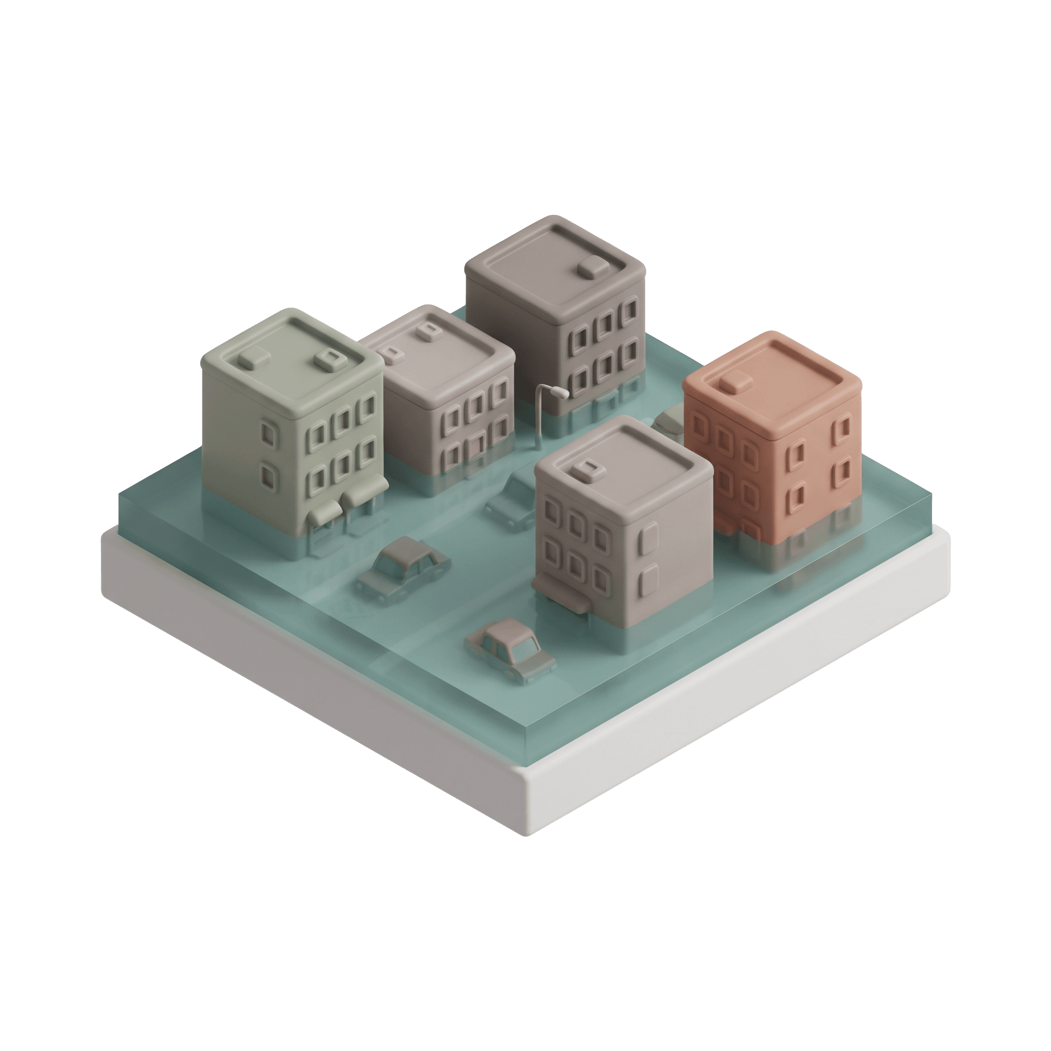 Maquete de um quarteirão com prédios alagados até o primeiro andar, água parada e dois carros submersos na rua